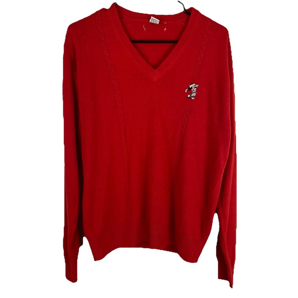 Vintage Mens Mickey Mouse Red Acrylic Sweater Cable Knit Size Large